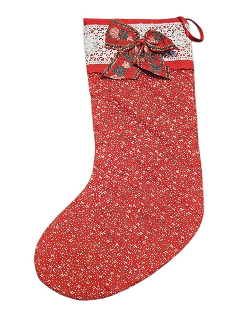 Vintage Gallery Originals Red Quilted Christmas Stocking with Floral Bow & Lace